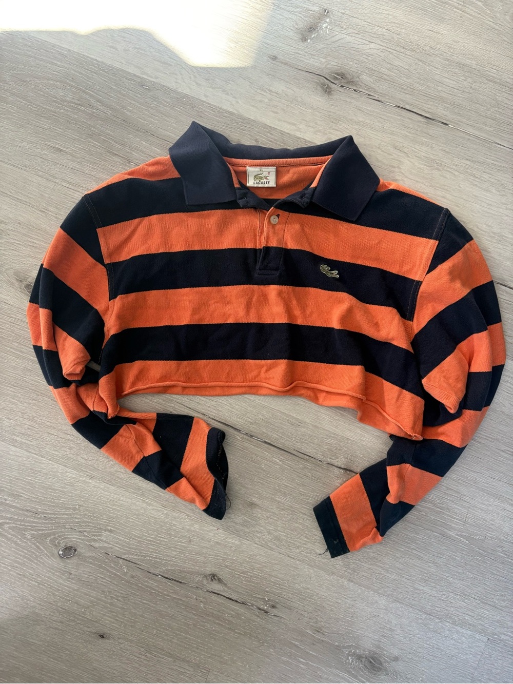 Lacoste Orange & Navy Striped Cropped Long-Sleeve Polo